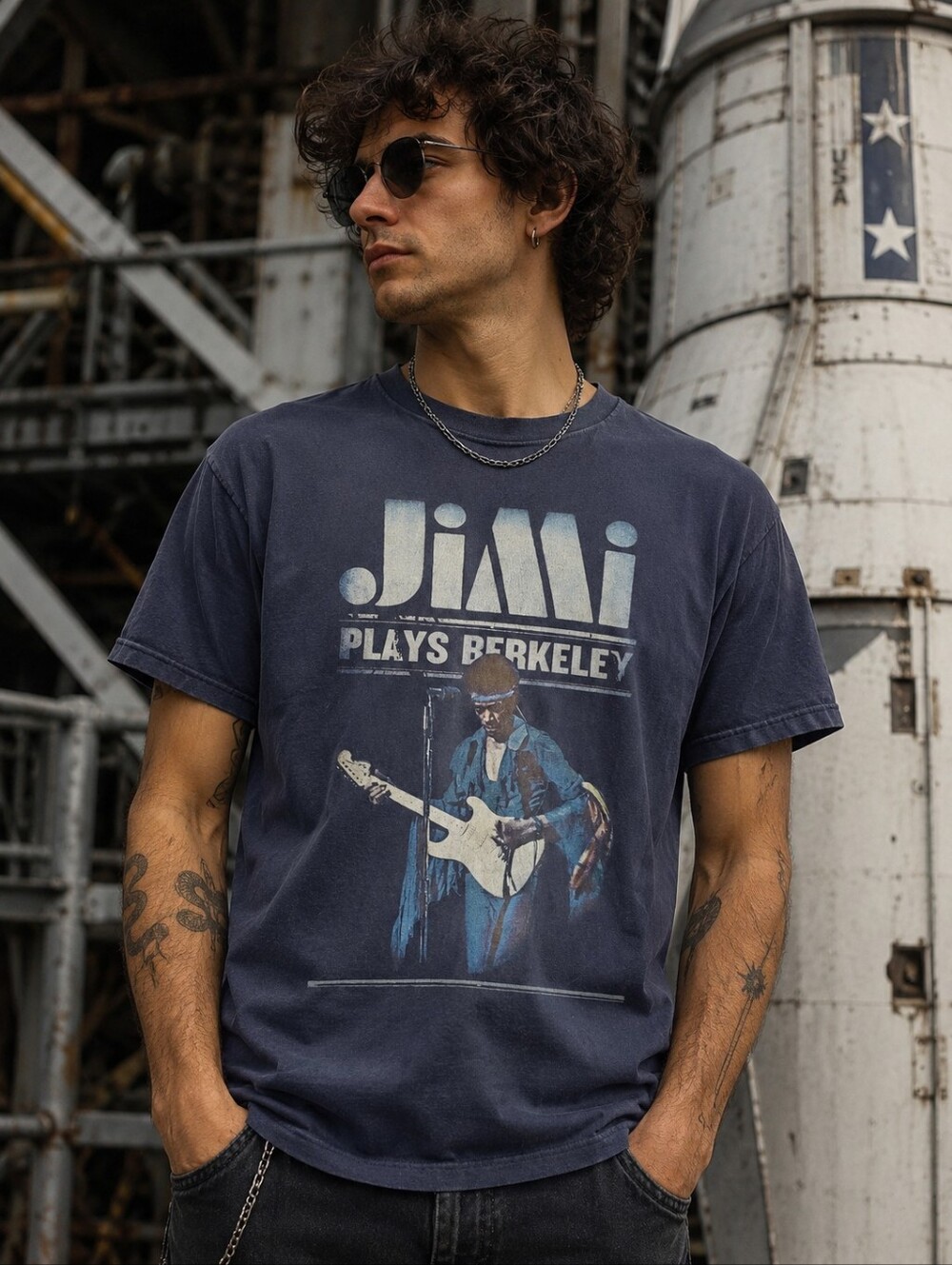 Hendrix Shop Jimi Plays Berkeley Band Tee Mens Small Black Grunge Rocker Vintage